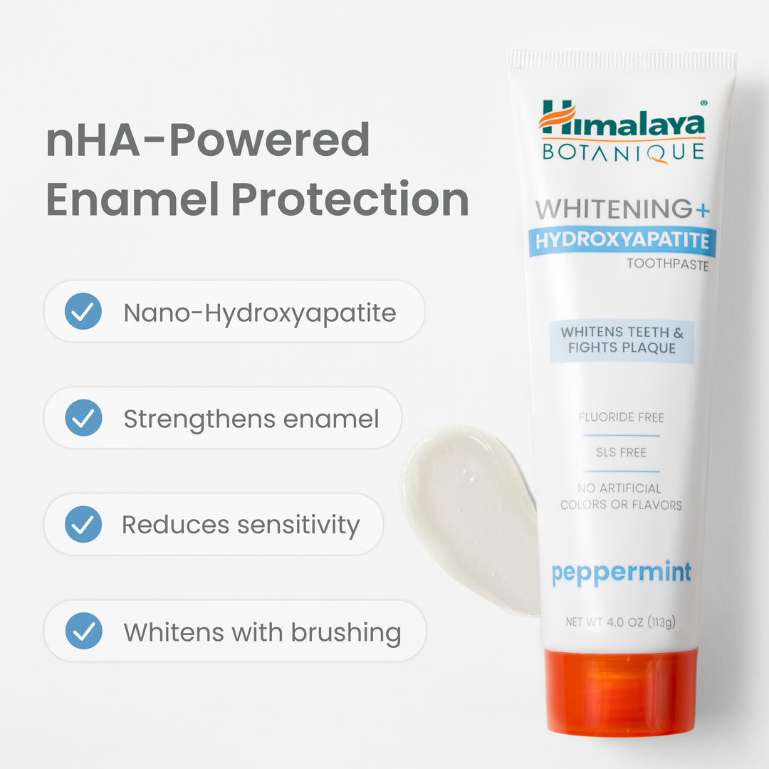 Himalaya Botanique Whitening+ Hydroxyapatite Peppermint Toothpaste strengthens enamel, reduces sensitivity and whitens with brushing